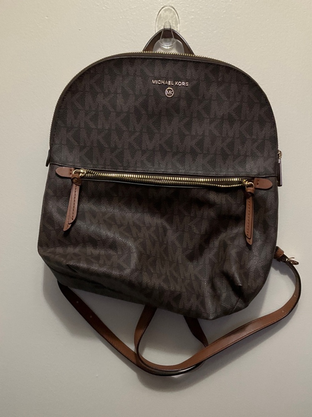 Michael Kors Dark Brown Monogram Leather-Trim Backpack